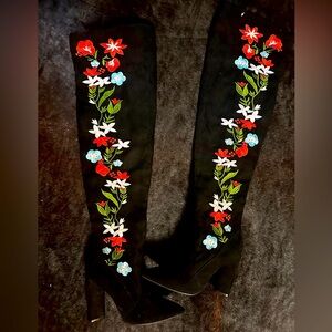 Black Floral Embroidered Over The Knee Boots
